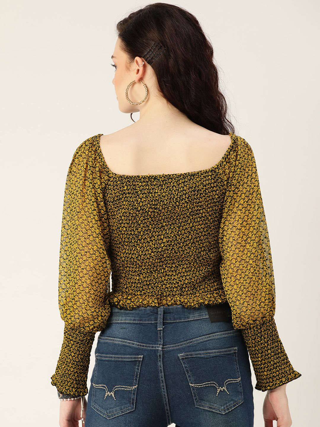 Antheaa Black & Mustard Printed Smocked Chiffon Crop Top