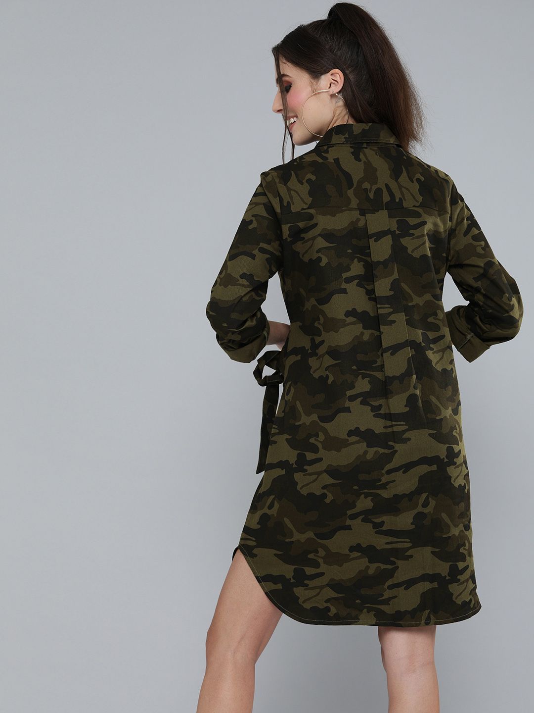 SASSAFRAS Olive Green Camouflage Printed Shirt Dress With Waist Tie-Up Detail