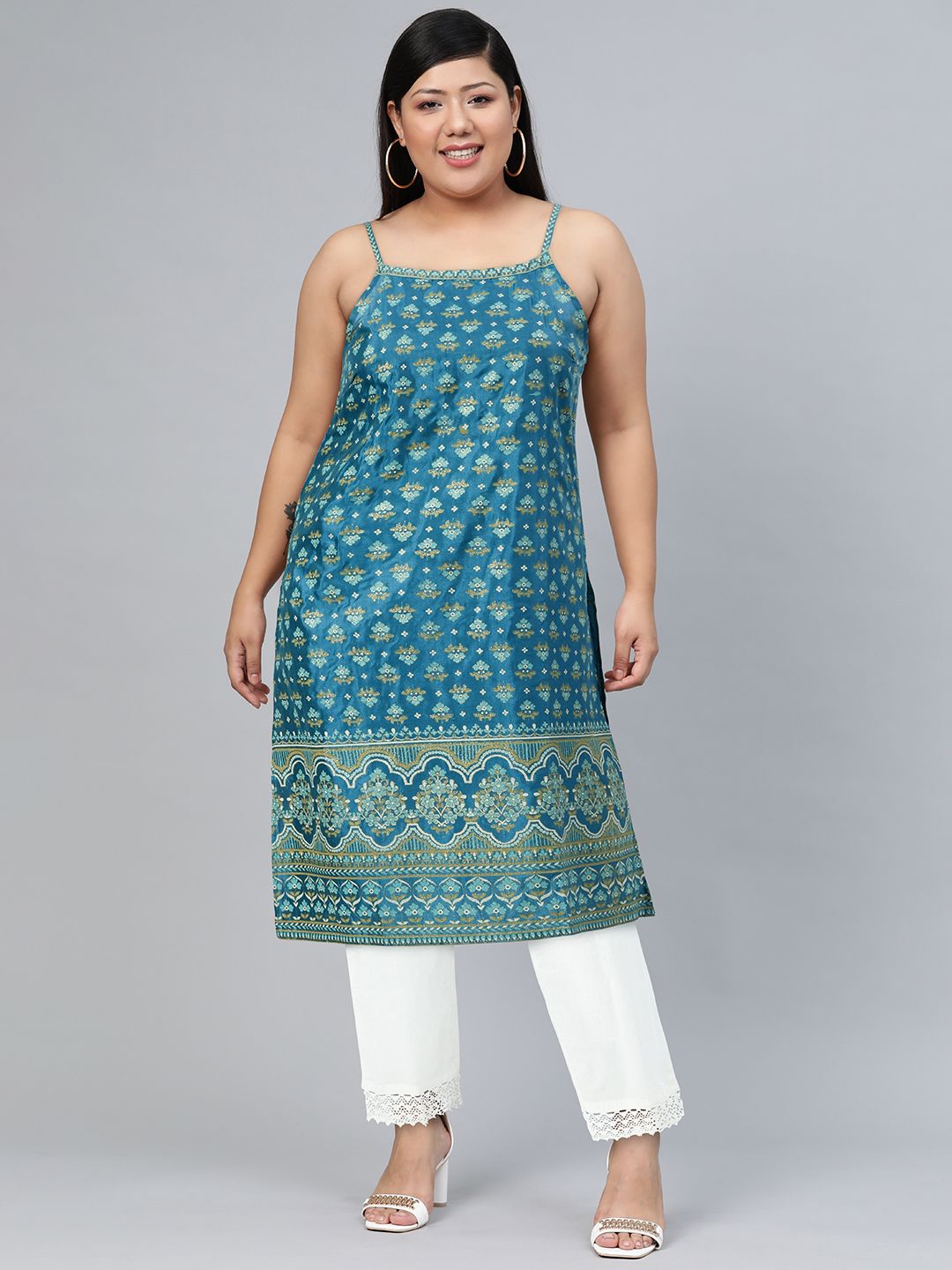 Global Desi Women Teal Green Floral Kurta