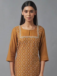 W Women Gold-Toned Ethnic Motifs Printed Thread Work Kurta