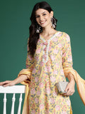 Indo Era Floral Printed Thread Work Pure Cotton Kurta with Trousers & Dupatta
