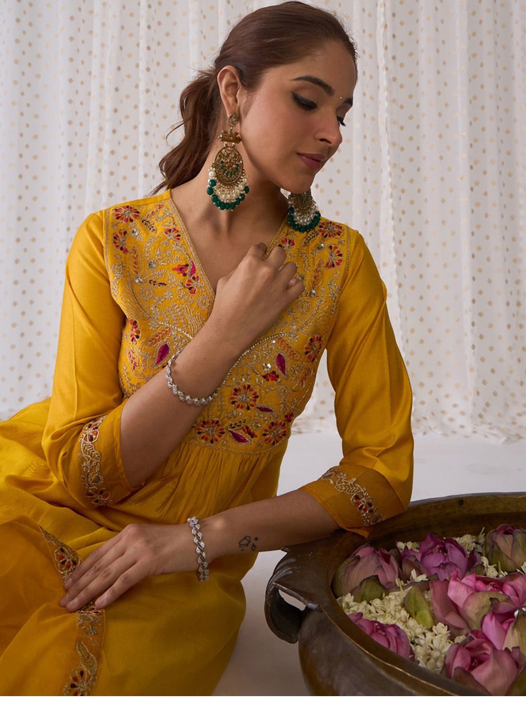 Indo Era Floral Embroidered Empire Liva A-Line Kurta With Palazzo & Dupatta