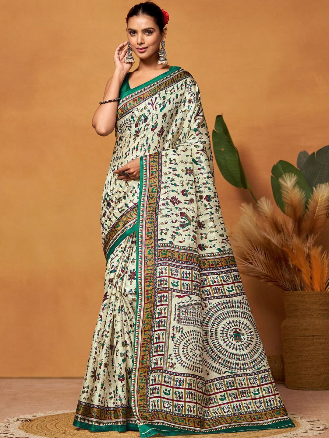 KALINI Warli Art Silk Block Print Saree
