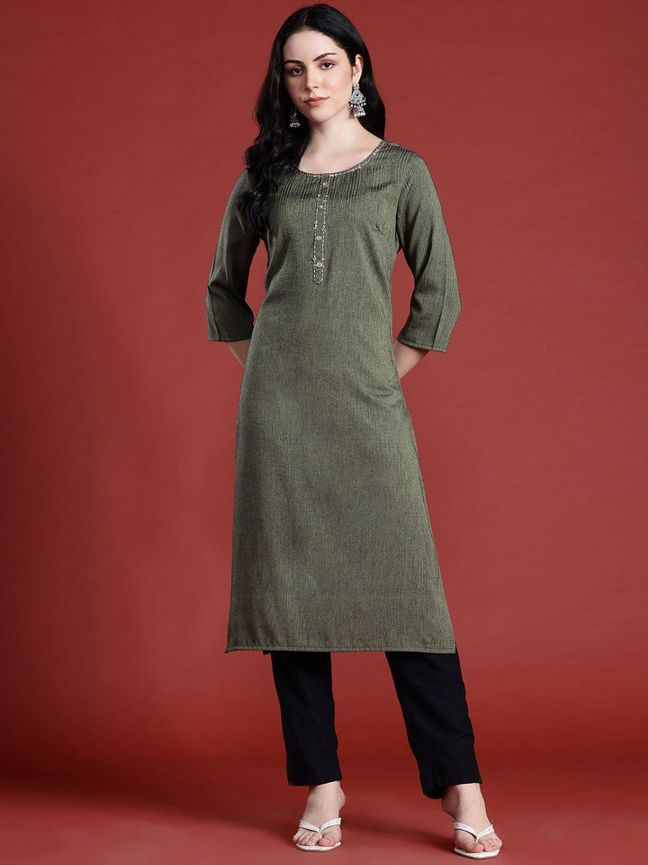 Anouk Thread Work Detail Calf Length Straight Kurta with Mock Buttons