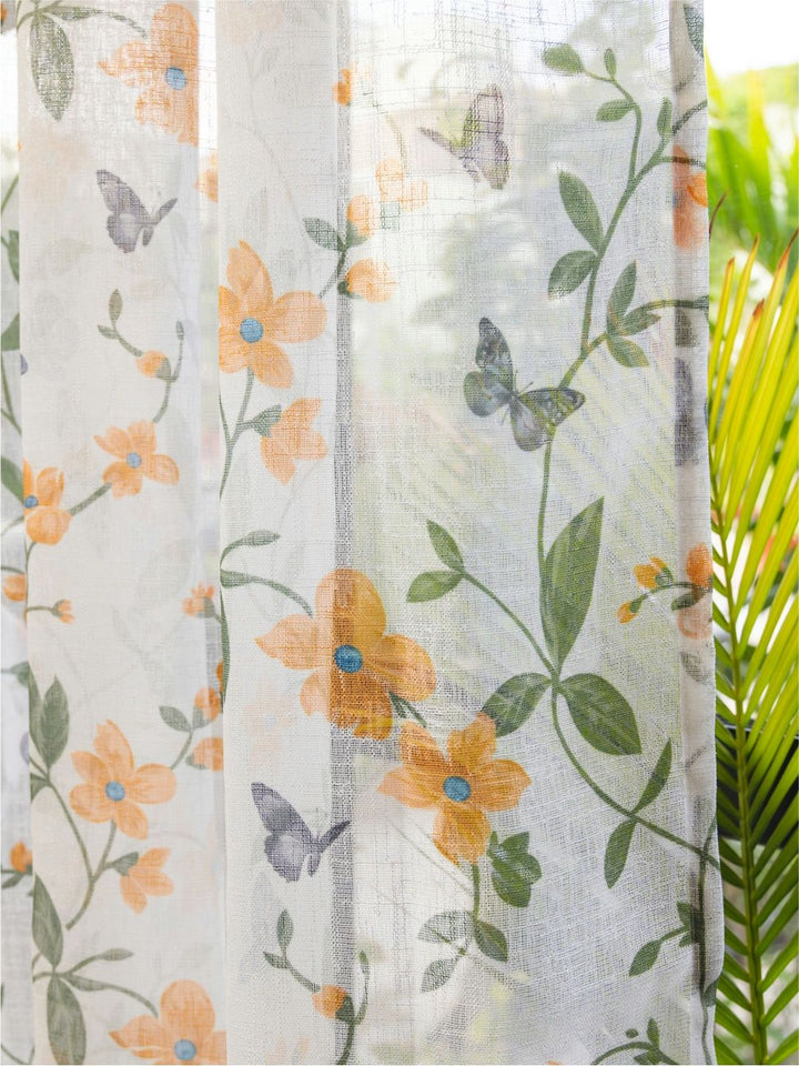 URBAN SPACE Yellow & White Set of 2 Floral Sheer Window Curtain