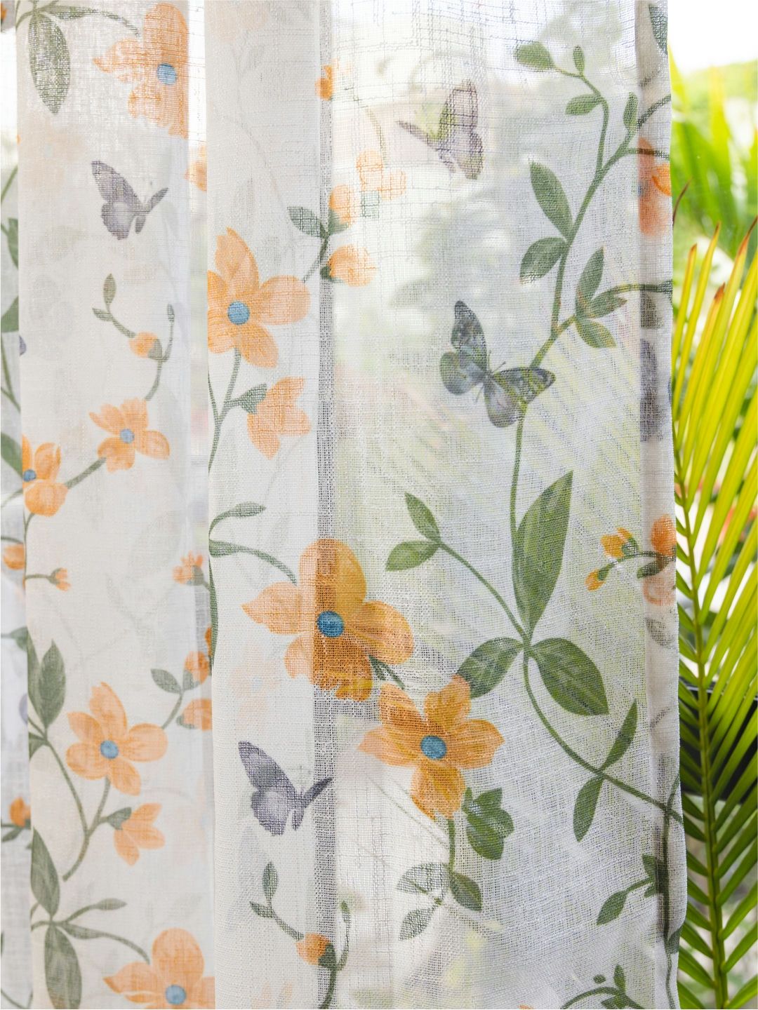 URBAN SPACE Yellow & White Set of 2 Floral Sheer Window Curtain