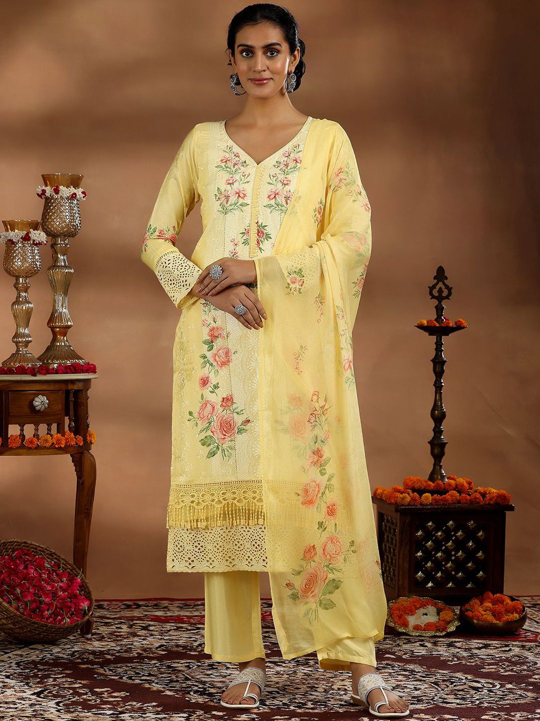 Libas Floral Printed Thread Work Straight Kurta With Trousers & Dupatta