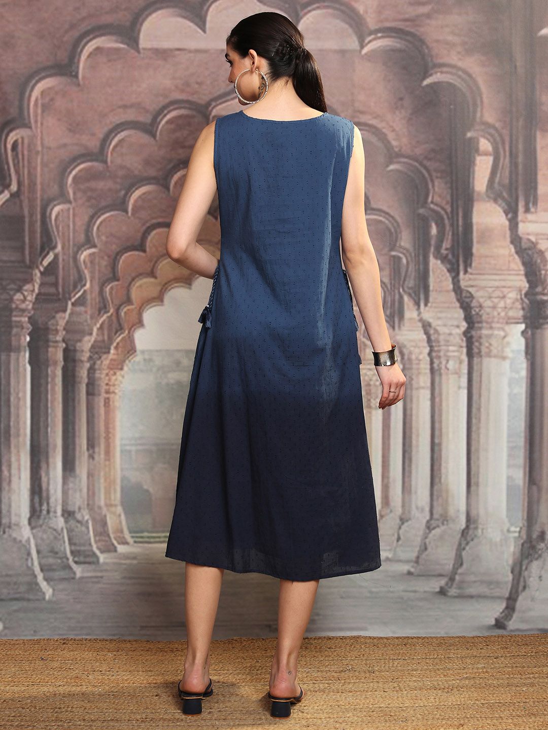 Vishudh Geometric Printed Embroidered Cotton Midi A-Line Dress