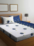 KLOTTHE Kids Blue & White Printed 300 TC Double King Bedsheet With 2 Pillow Covers
