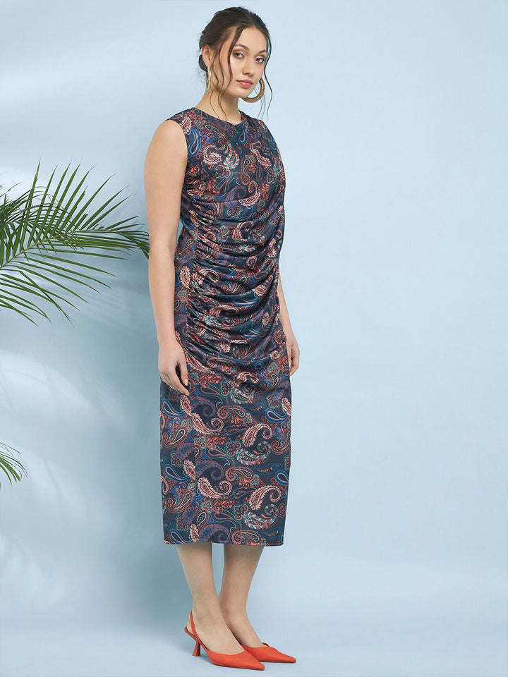 Antheaa Grey Ethnic Motifs Printed Straight Sheath Midi Dress