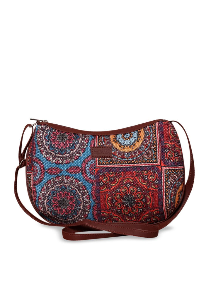 ZOUK Multicoloured Ethnic Motifs Printed Half Moon Sling Bag