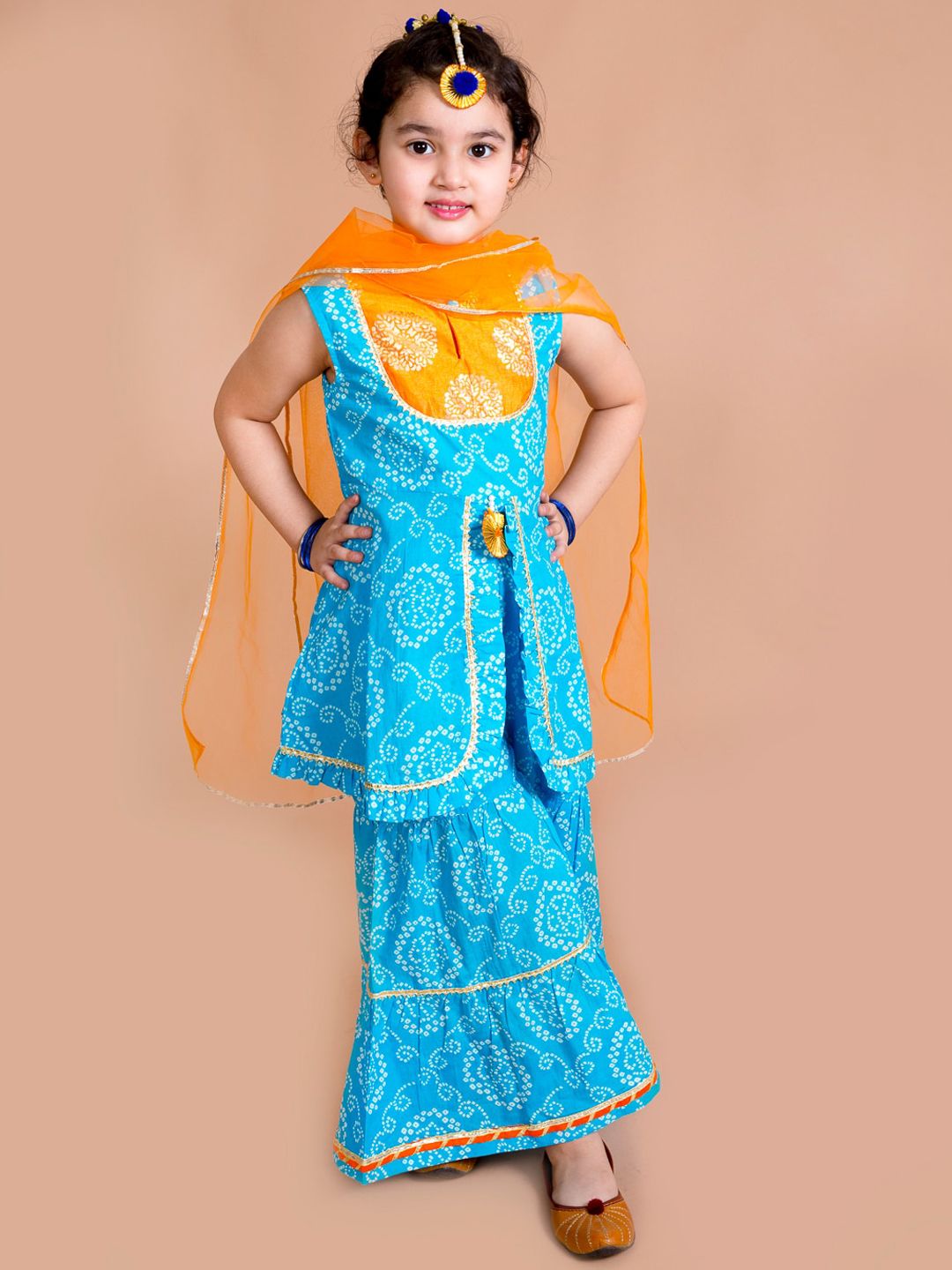 pspeaches Girls Blue Bandhani Printed Panelled Gotta Patti Pure Cotton Kurti with Sharara & With Dupatta