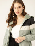 DressBerry Women Green & Black Colourblocked Hooded Bomber Jacket