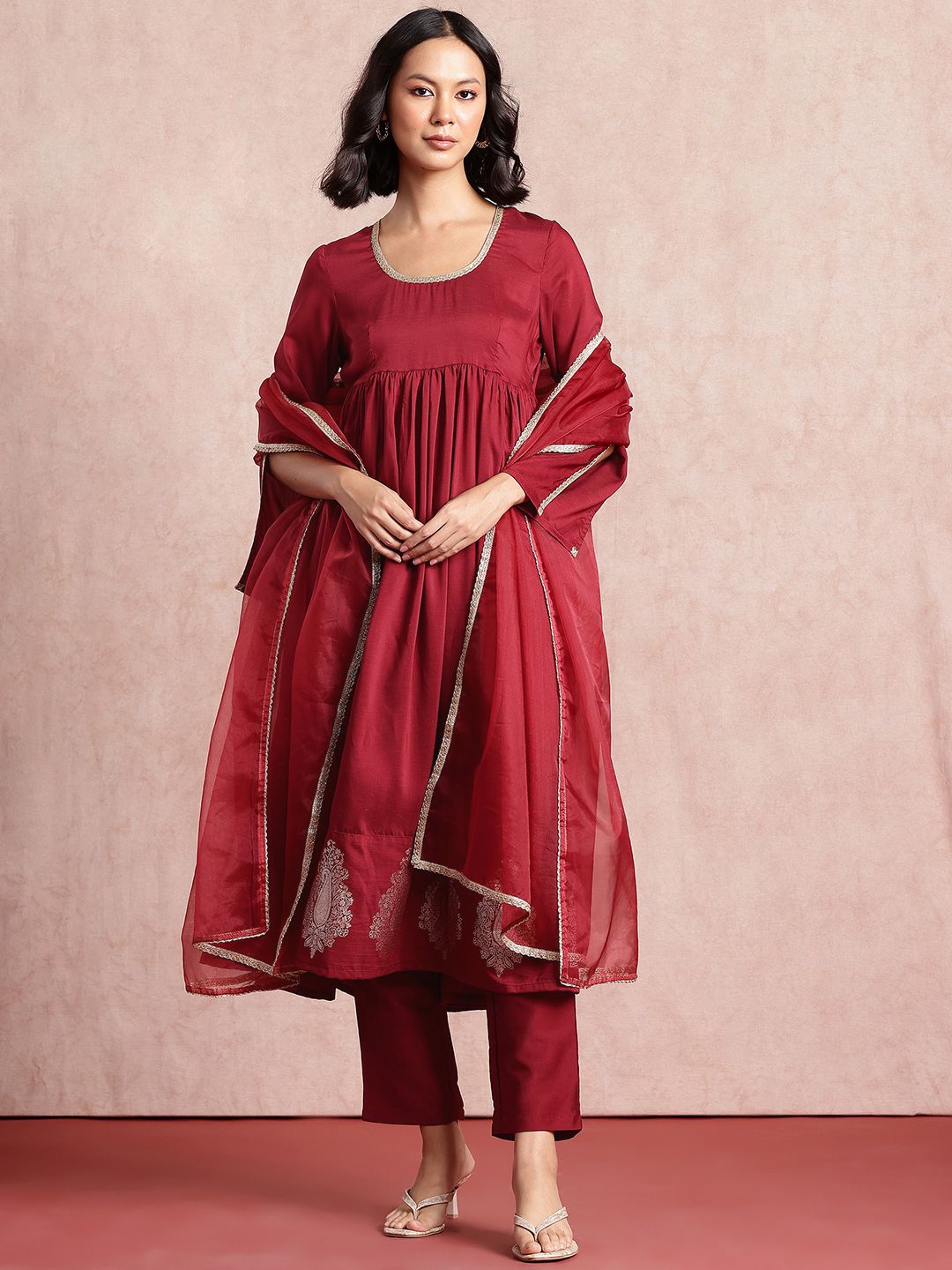 all about you Pleated Anarkali Kurta with Trousers & Dupatta