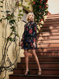 SASSAFRAS High Neck Floral Printed Smocked Tiered Chiffon A-Line Dress