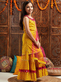 pspeaches Girls Ethnic Motifs Printed Regular Mirror Work Kurta With Sharara & Dupatta