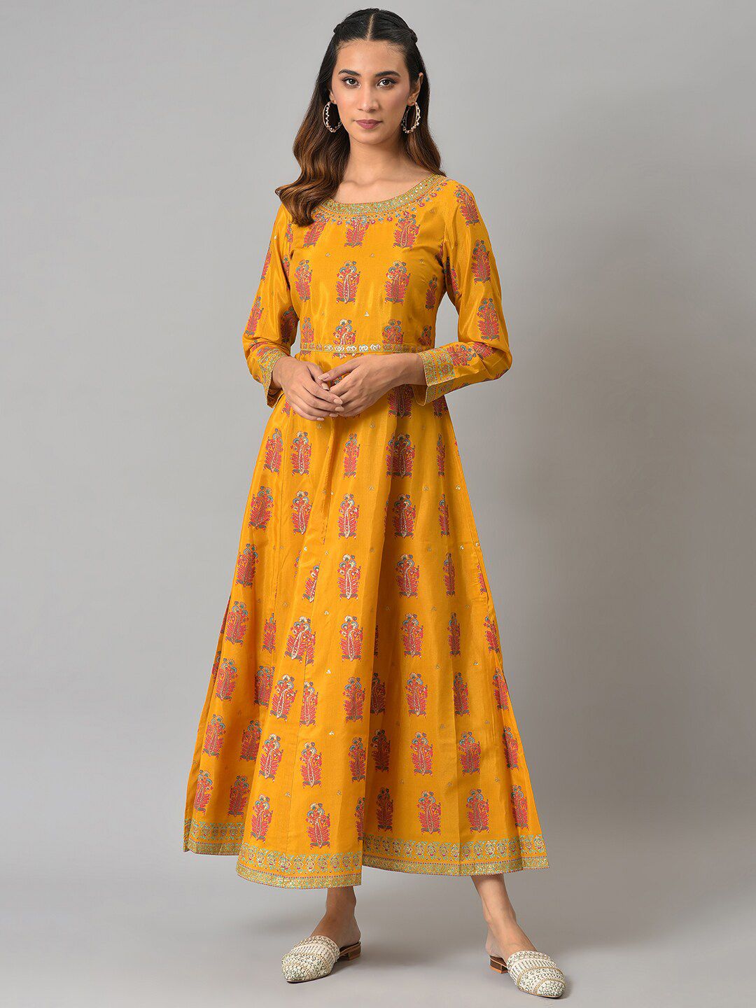 W Yellow Ethnic Motifs Printed Maxi Ethnic Dress