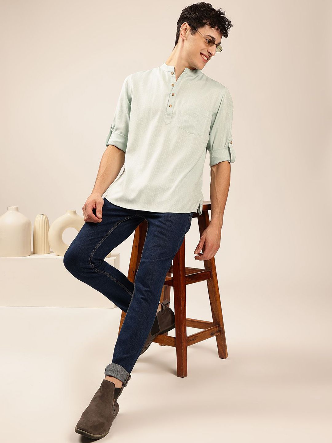 Anouk Solid Mandarin collar Pathani Short Kurta