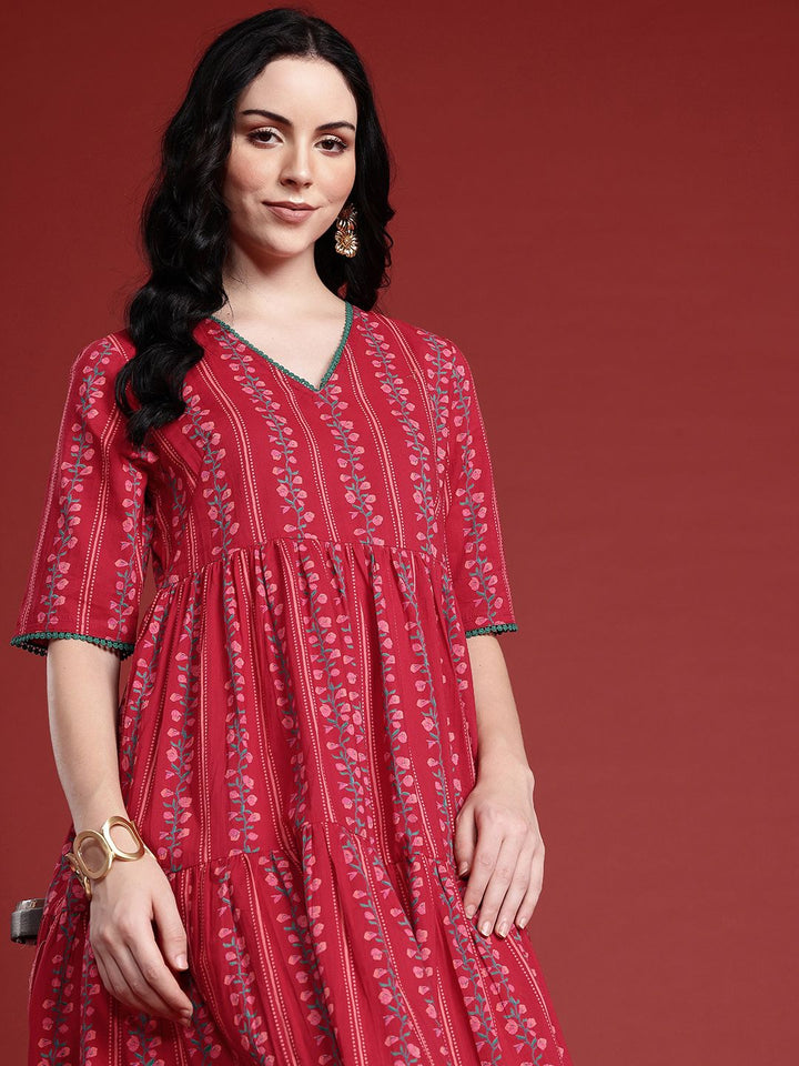 Anouk Floral Print Pleated  Pure Cotton Tiered Ethnic Dress