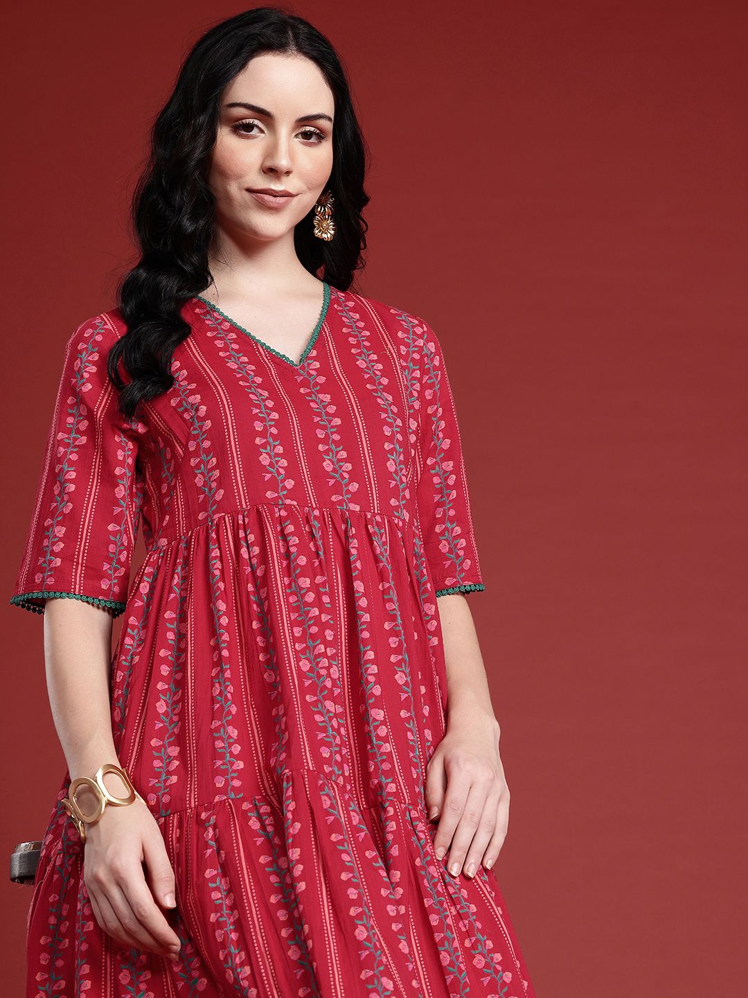 Anouk Floral Print Pleated  Pure Cotton Tiered Ethnic Dress