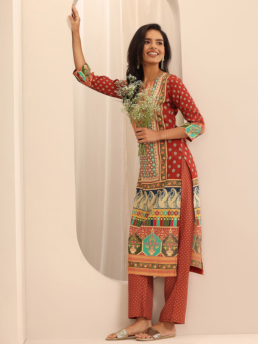 Libas Ethnic Motifs Printed Notched Neck Straight Kurta With Palazzos