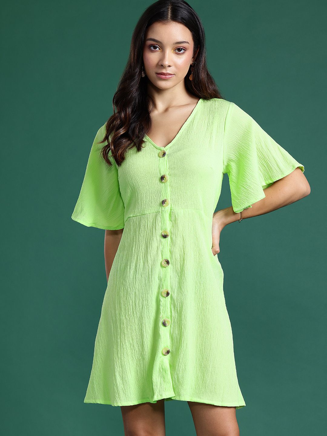 DressBerry Textured Flared Sleeve A-Line Dress