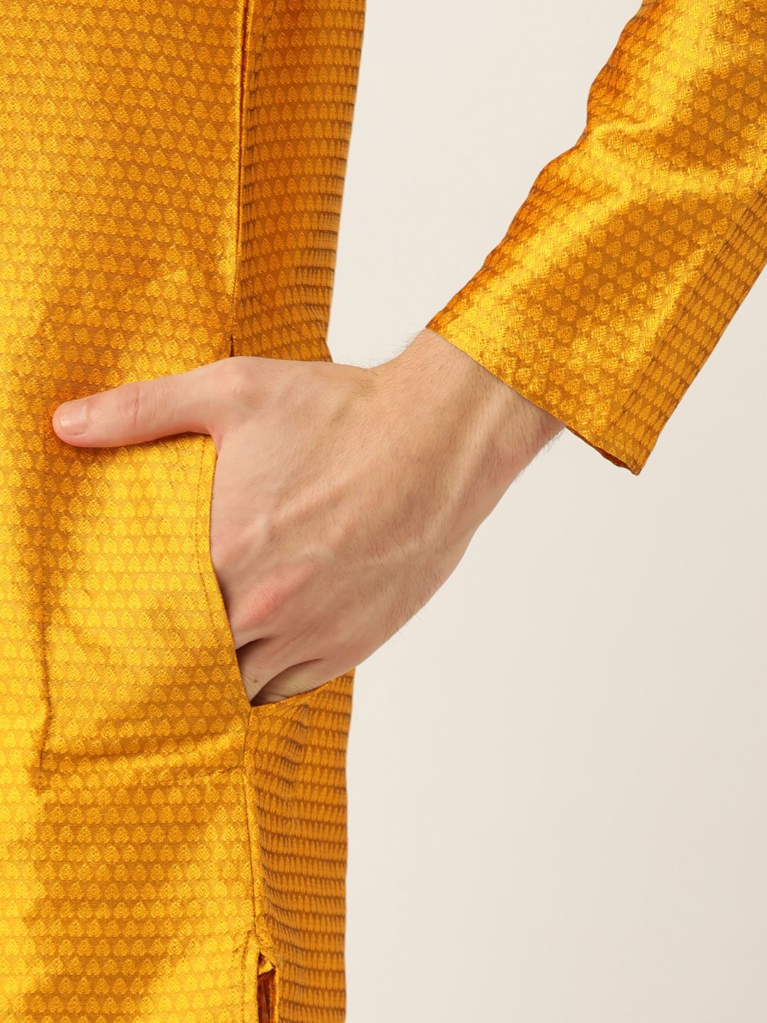 SOJANYA Lelaki Mustard Yellow Woven Design Angrakha Straight Kurta