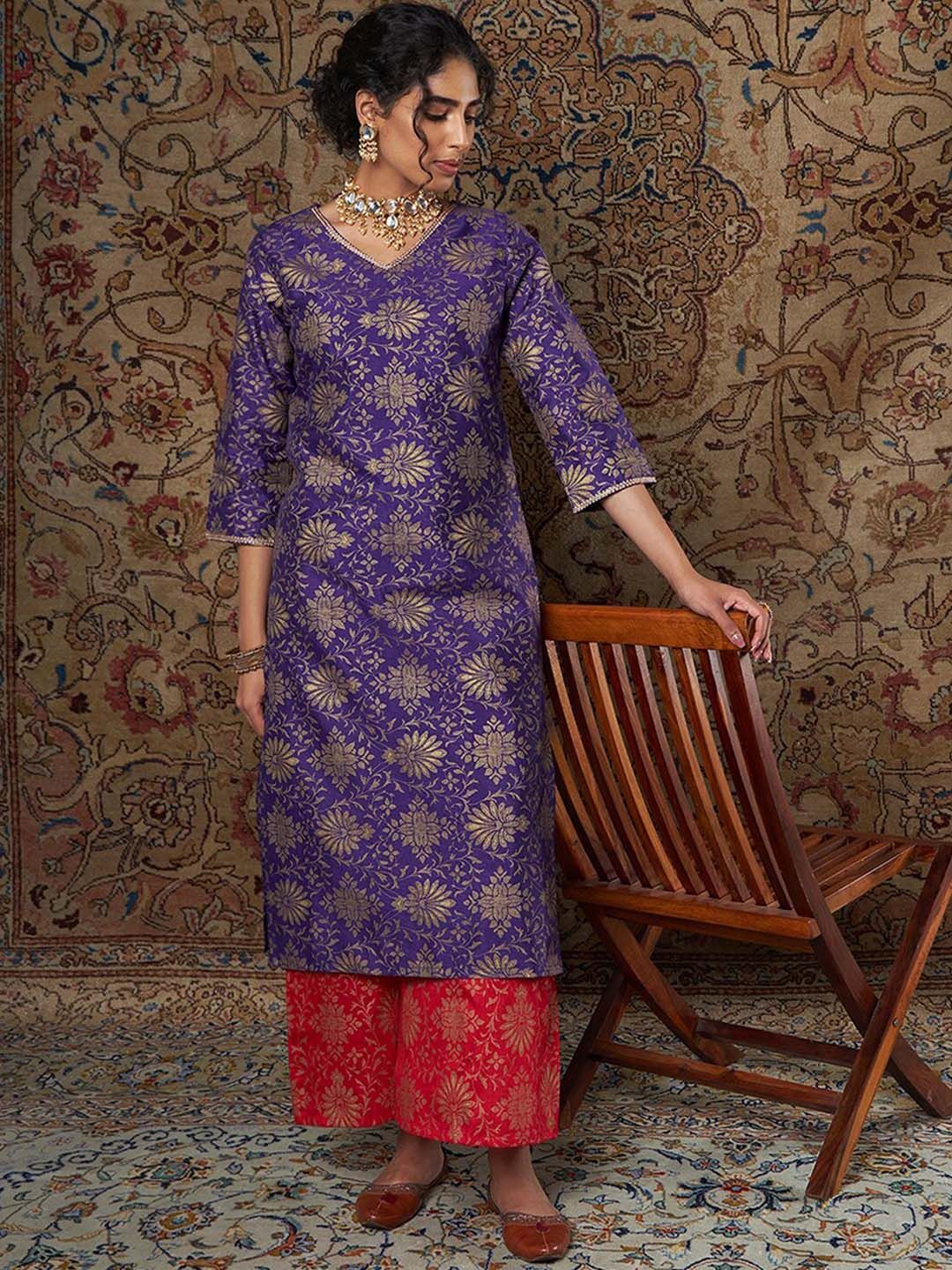 Shae by SASSAFRAS Floral Printed Zari Jacquard Straight Kurta