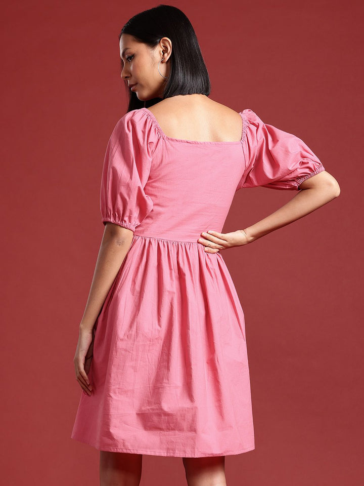 all about you Puff Sleeves Smocked Pure Cotton Fit & Flare Dress
