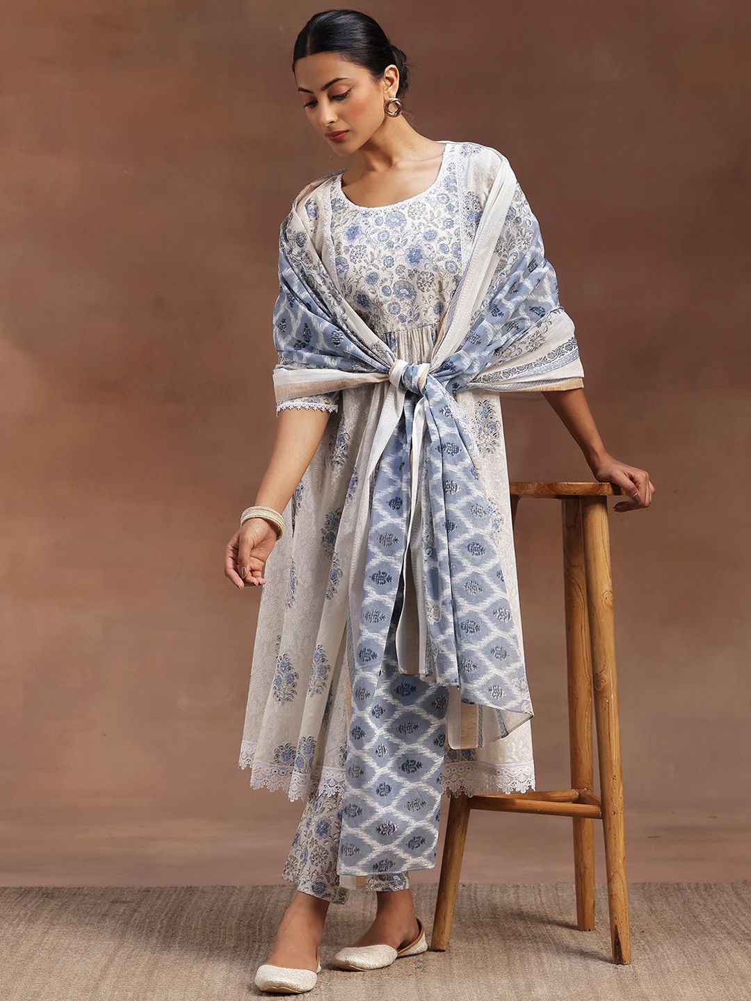 Libas Floral Printed Pleated Pure Cotton A-Line Kurta with Trousers & Dupatta