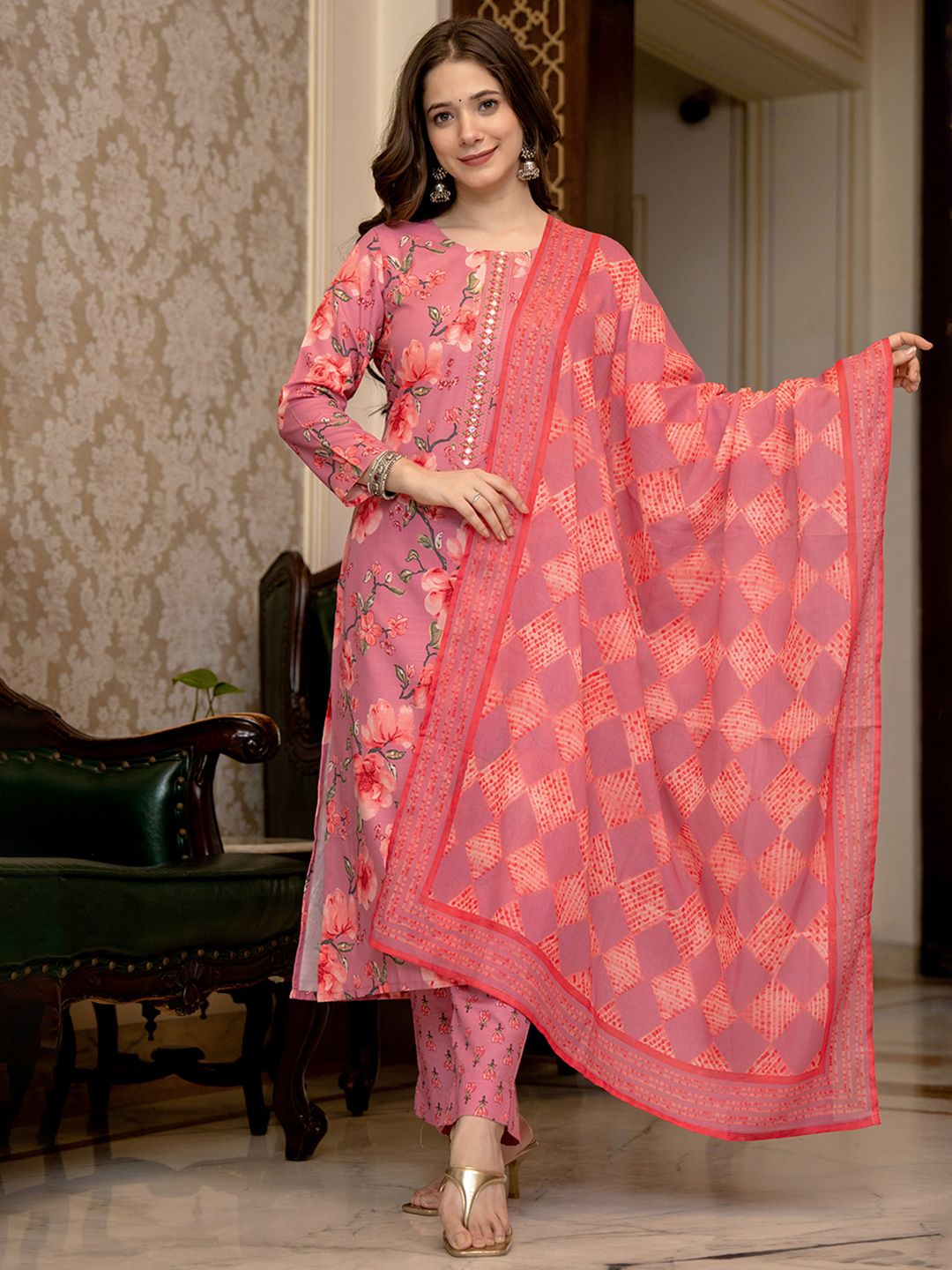 KALINI Floral Printed Mirror Work Straight Kurta With Trousers & Dupatta
