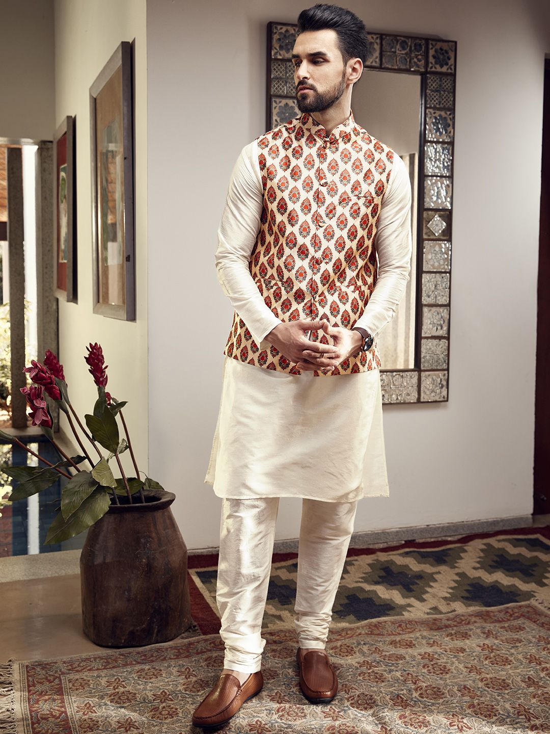 SOJANYA Men Off-White & Red Solid Kurta Set with Nehru Jacket