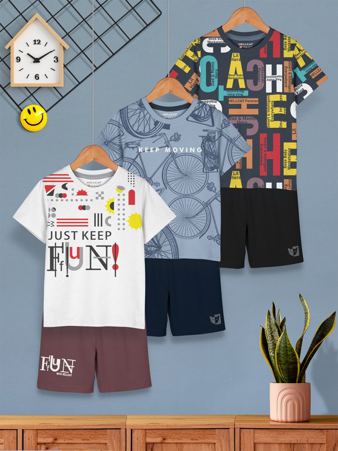 HELLCAT Boys Pack Of 3 Printed Round Neck T-shirt with Shorts