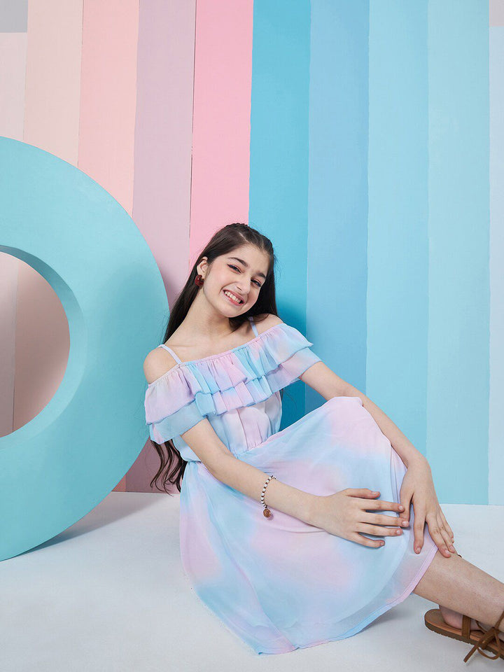 pspeaches Girls Tie & Dye Off-Shoulder Georgette Fit & Flare Dress