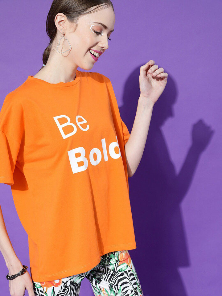 STREET 9 Women Orange Printed Oversized Pure Cotton Outdoor T-shirt
