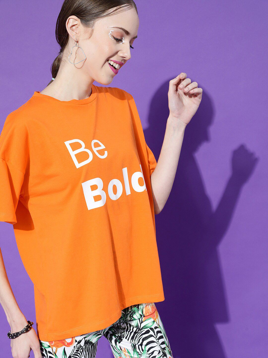 STREET 9 Women Orange Printed Oversized Pure Cotton Outdoor T-shirt