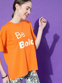 STREET 9 Women Orange Printed Oversized Pure Cotton Outdoor T-shirt