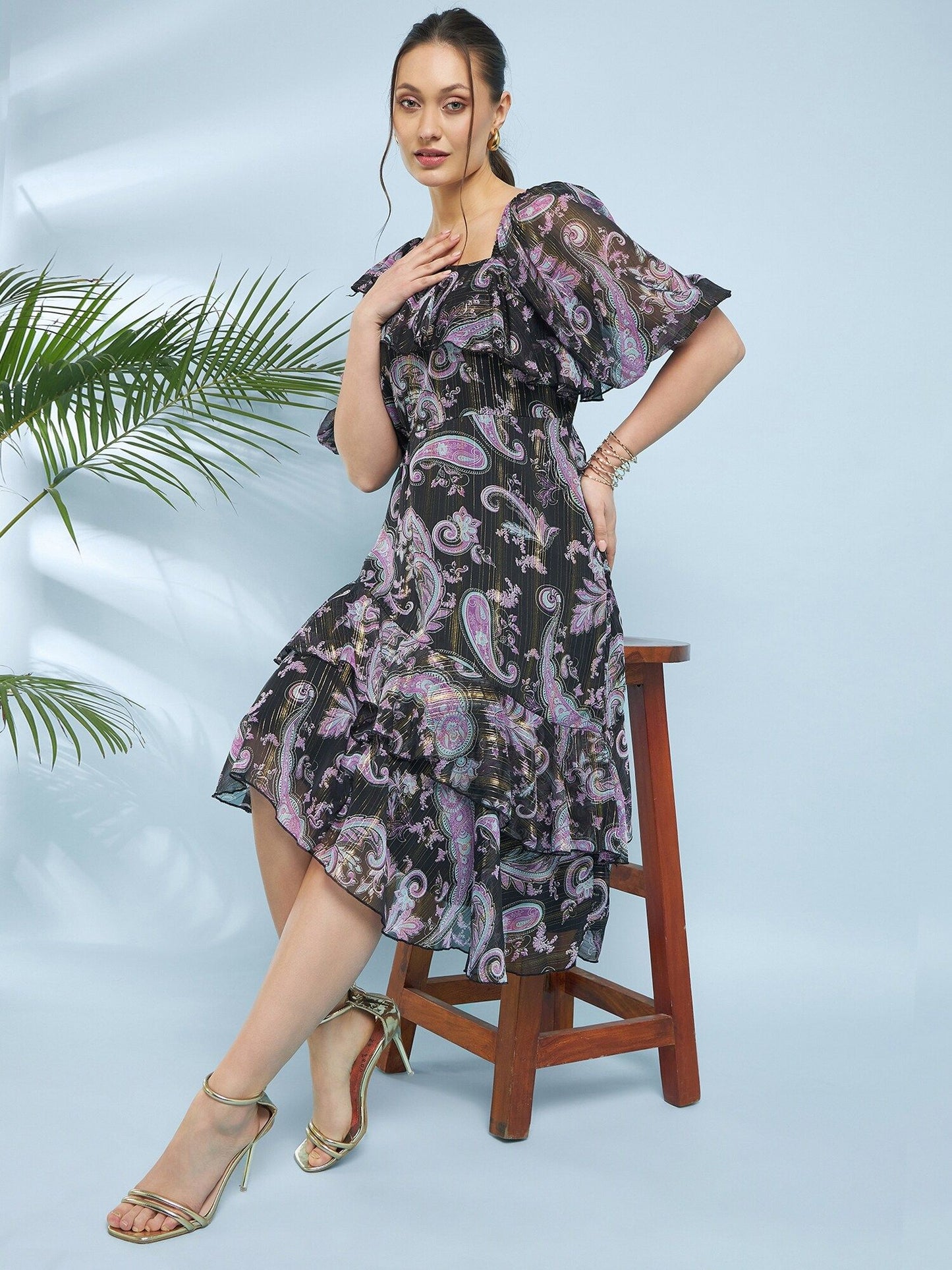 Antheaa Floral Printed Flared Sleeve Fit & Flare Dress