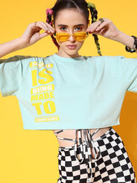 STREET 9 Women Sea Green Printed Cotton Drop-Shoulder Sleeves Bio Finish Oversized  T-shirt