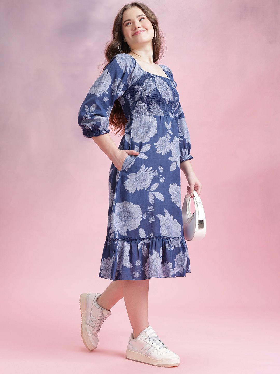 DressBerry Floral Print Smocked Puff Sleeve Fit & Flare Dress