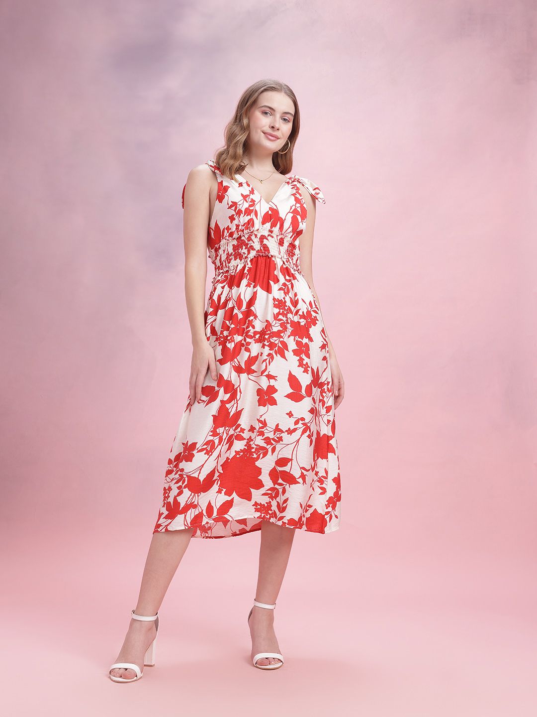 DressBerry Floral Print Smocked Midi A-Line Dress