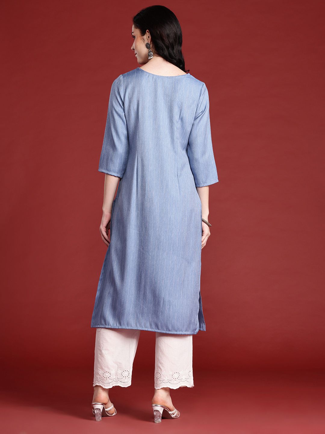 Anouk Woven Design Vertical Stripes Tie-Up Neck Straight Kurta