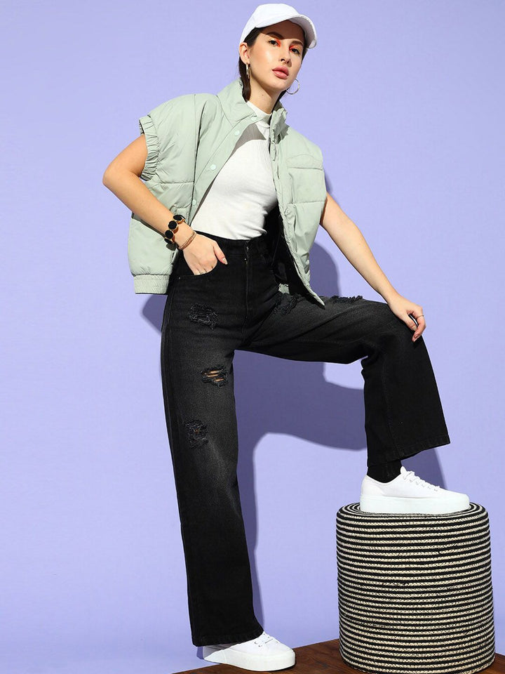 STREET 9 Women Black Flared High-Rise Slash Knee Jeans