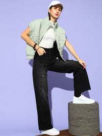 STREET 9 Women Black Flared High-Rise Slash Knee Jeans