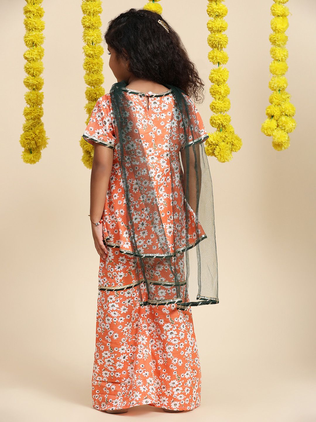 Cutiekins Girls Floral Printed Gotta Patti Kurti With Sharara & Dupatta