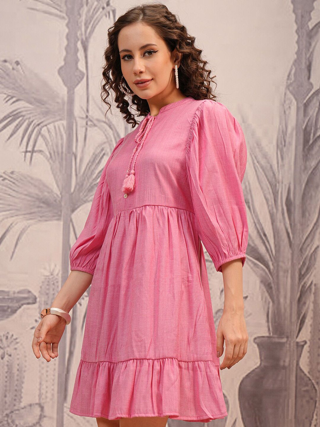 Vishudh Pink Tie-Up Neck Puff Sleeves A-Line Dress