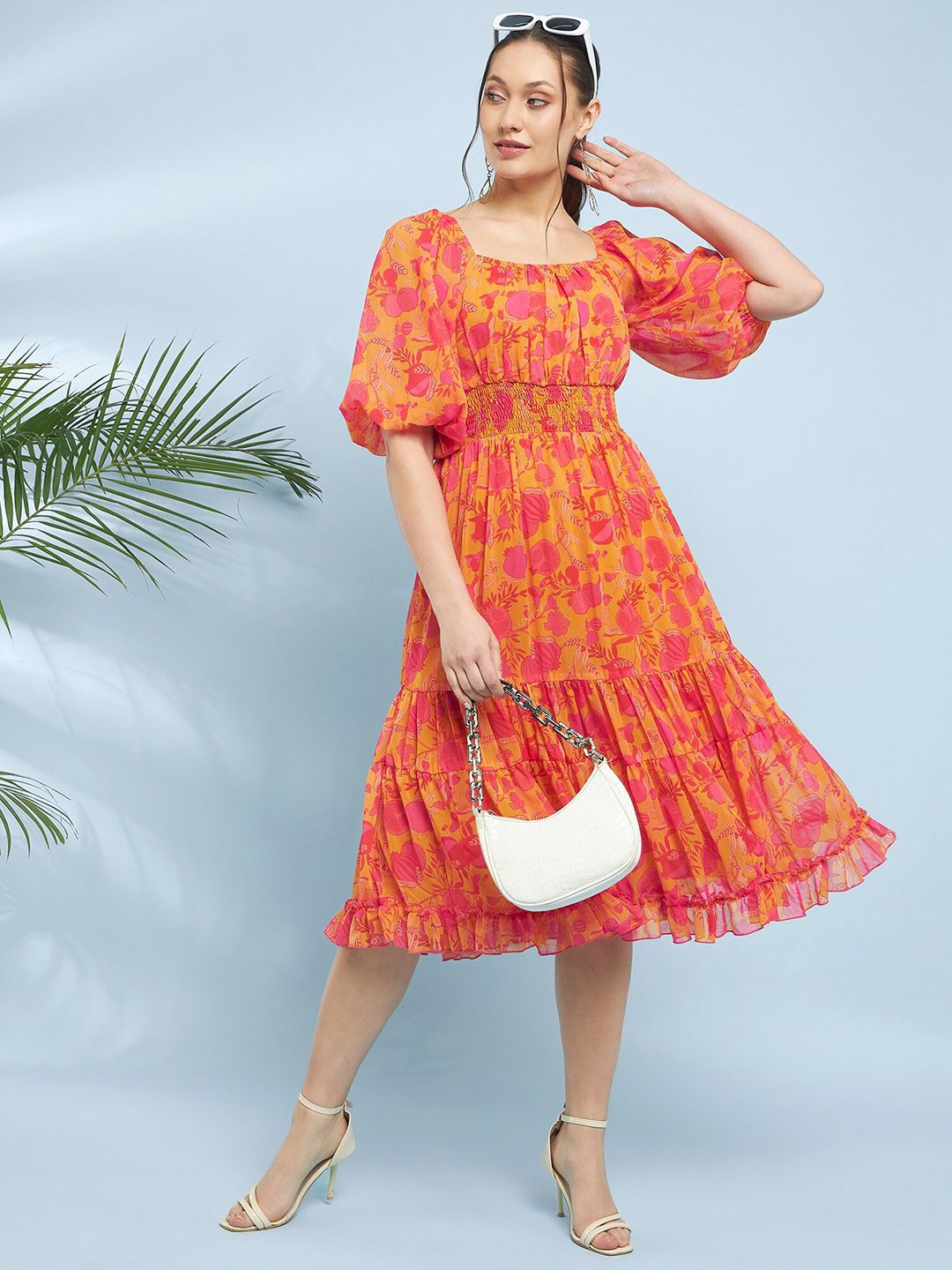 Antheaa Yellow Floral Printed Square Neck Puff Sleeve Chiffon Fit & Flare Midi Dress