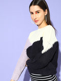 STREET 9 Women Navy Blue & White Colourblocked Pullover