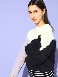 STREET 9 Women Navy Blue & White Colourblocked Pullover