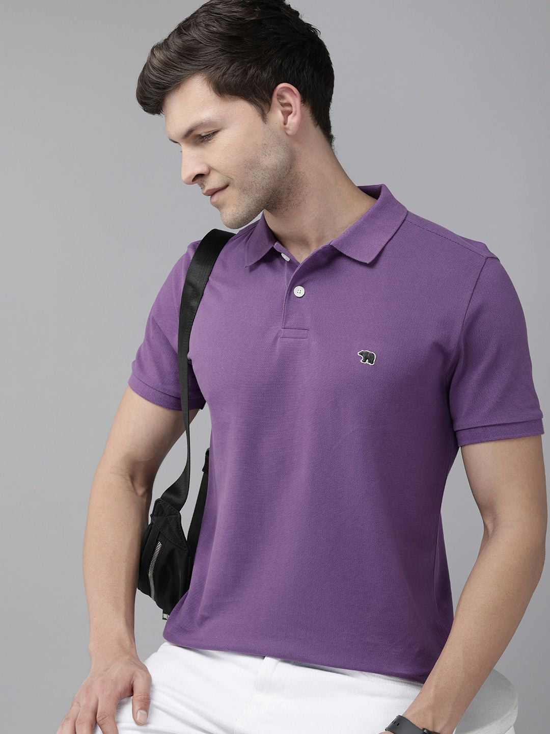 THE BEAR HOUSE Men Lavender Polo Collar Pure Cotton Slim Fit T-shirt